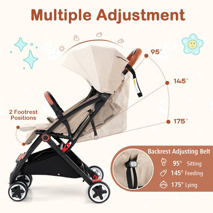 Baby Stroller, Quick-Fold, 95–175 Recline, Canopy, Beige