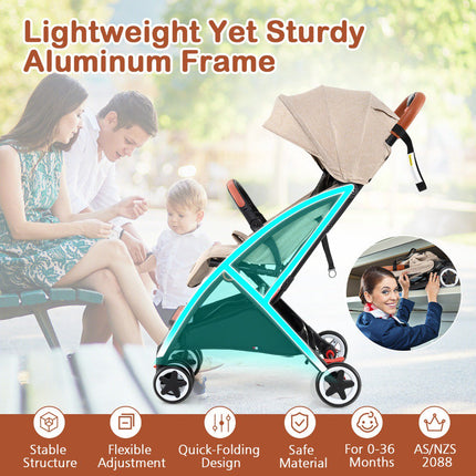 Baby Stroller, Quick-Fold, 95–175 Recline, Canopy, Beige