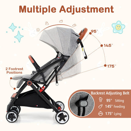 Baby Stroller With Canopy, 95-175 Recline, Gray
