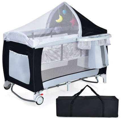 Baby Travel Cot with Bassinet, Playpen, and Rocking Function