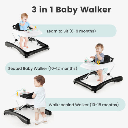Baby Walker 3-In-1, Foldable, Adjustable Height, Black