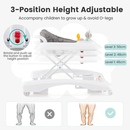 Baby Walker 3-in-1, Foldable, Adjustable Height, Grey
