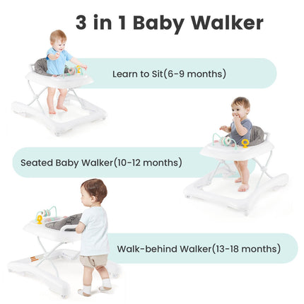 Baby Walker 3-in-1, Foldable, Adjustable Height, Grey