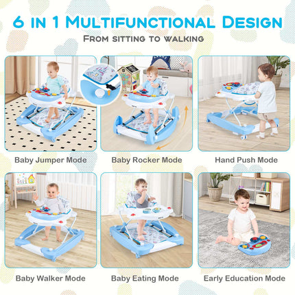 Baby Walker, 6-in-1 Foldable, Adjustable Height, Music Tray