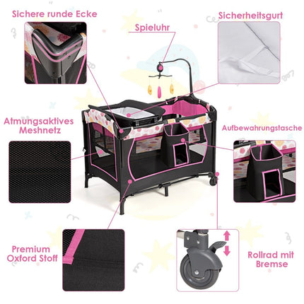Baby bed 4 in 1 folding travel bed & side bed & changing table & playpen black + pink