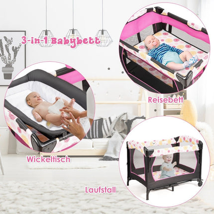 Baby bed 4 in 1 folding travel bed & side bed & changing table & playpen black + pink