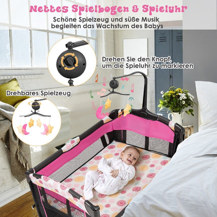 Baby bed 4 in 1 folding travel bed & side bed & changing table & playpen black + pink