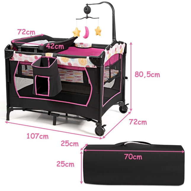 Baby bed 4 in 1 folding travel bed & side bed & changing table & playpen black + pink