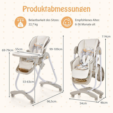 Baby high chair folding baby chair with reclining function wheels & double tray 96.5 x 55 x 99-109 cm gray