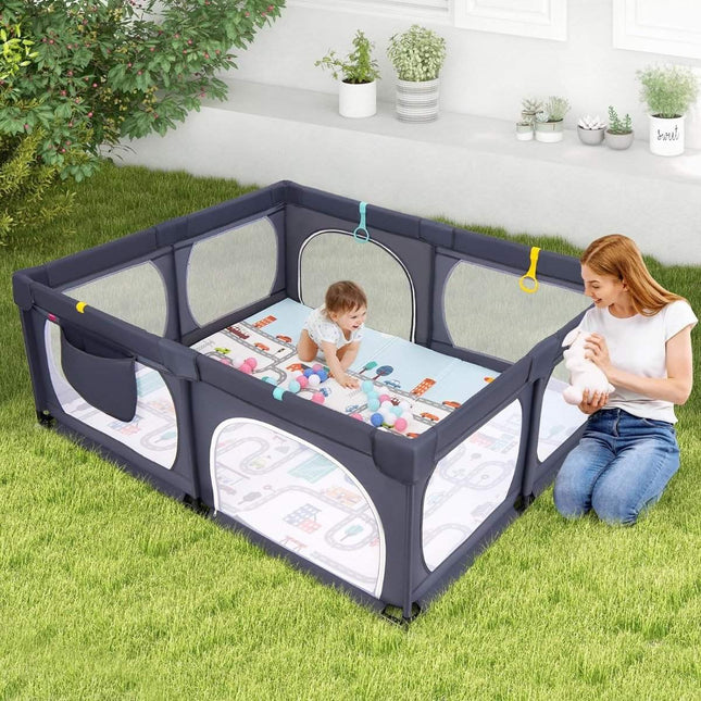 Baby playpen with mattress & 50 play balls & 4 pull rings & 4 zipper doors dark grey