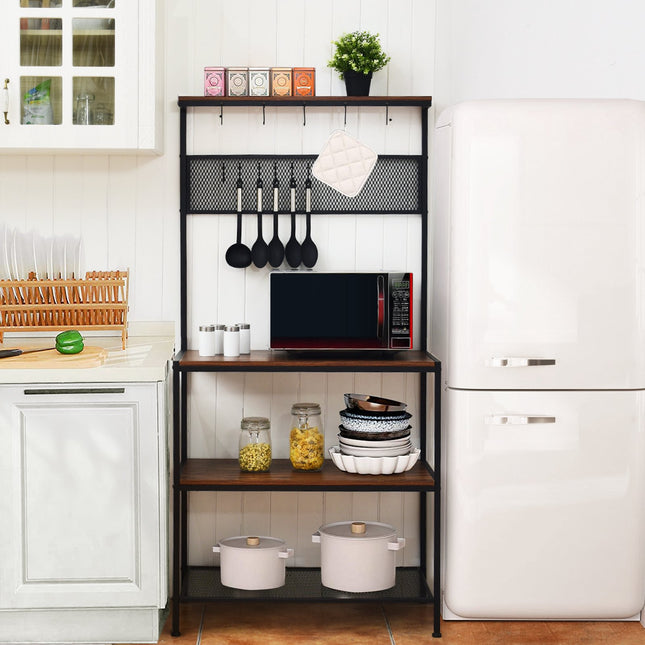 Baker's Rack, 4-Tier Shelving with Hooks and Mesh Panel