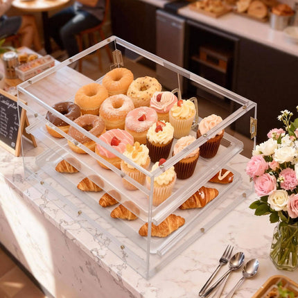 Bakery Display Case, 2-Tier Acrylic, Magnetic Rear Doors
