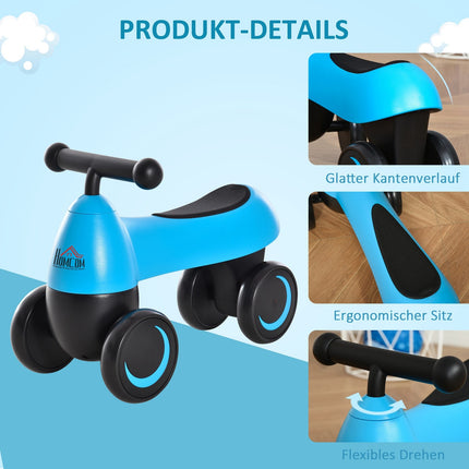Balance bike for toddlers, 4-wheel, ages 18-36 months, blue