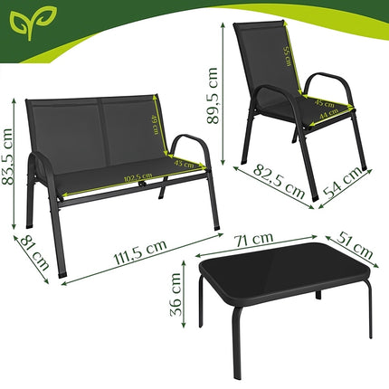 Balcony Furniture Set with Sofa, 2 Armchairs and Glass Table, Black, 4 Seats