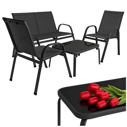 Balcony Furniture Set with Sofa, 2 Armchairs and Glass Table, Black, 4 Seats