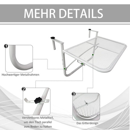 Height-adjustable White metal Balcony hanging table
