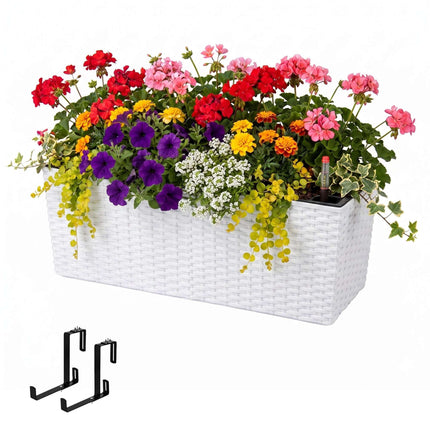 Balcony Rattan Planter with Water Level Indicator, White