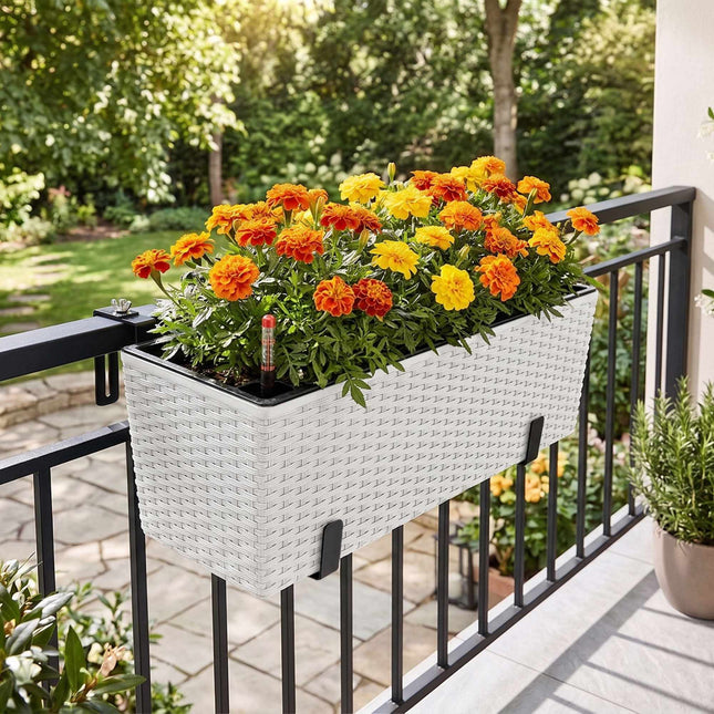 Balcony Rattan Planter with Water Level Indicator, White