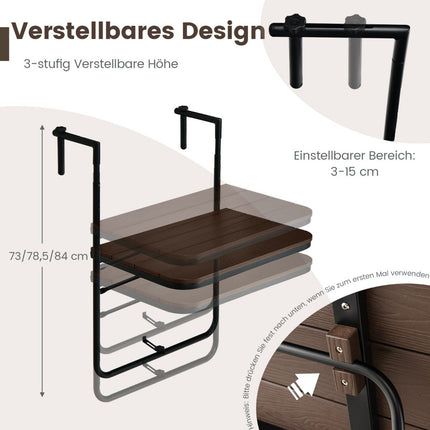 Balcony table for hanging with 3-level adjustable height folding railing table coffee