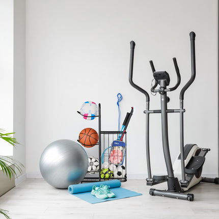 Ball Rack with 4 Shelves & Basket for Sports Equipment