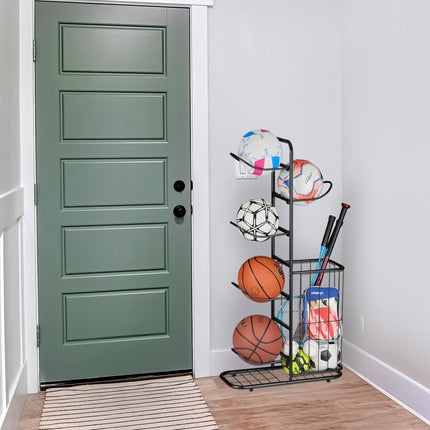 Ball Rack with 6 Shelves and Storage Basket