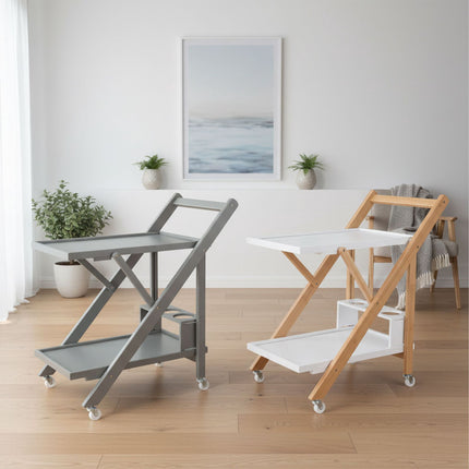 Bamboo 2-Tier Serving Trolley with Bottle Holder