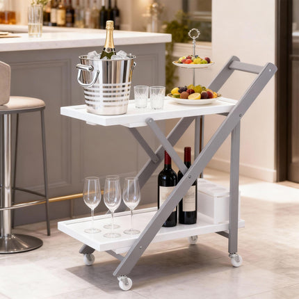Bamboo 2-Tier Serving Trolley with Bottle Holder