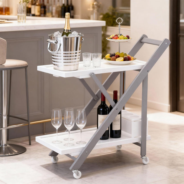 Bamboo 2-Tier Serving Trolley with Bottle Holder