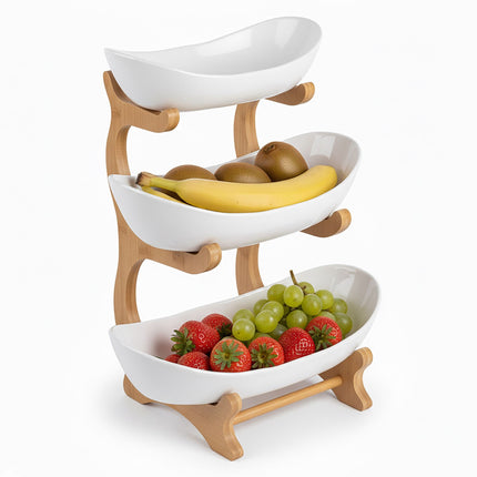 Bamboo 3-Tier Fruit Stand With Easy-Clean Bowls
