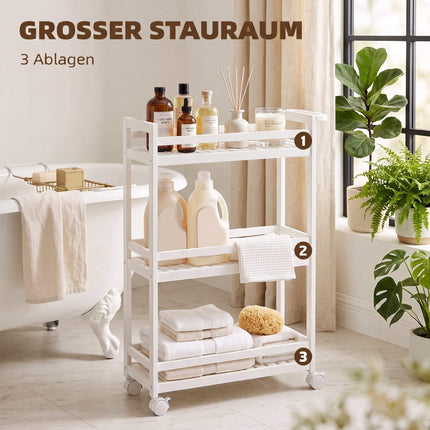 Bamboo 3-Tier Rolling Cart with Slatted Shelves, 55x20x75 cm