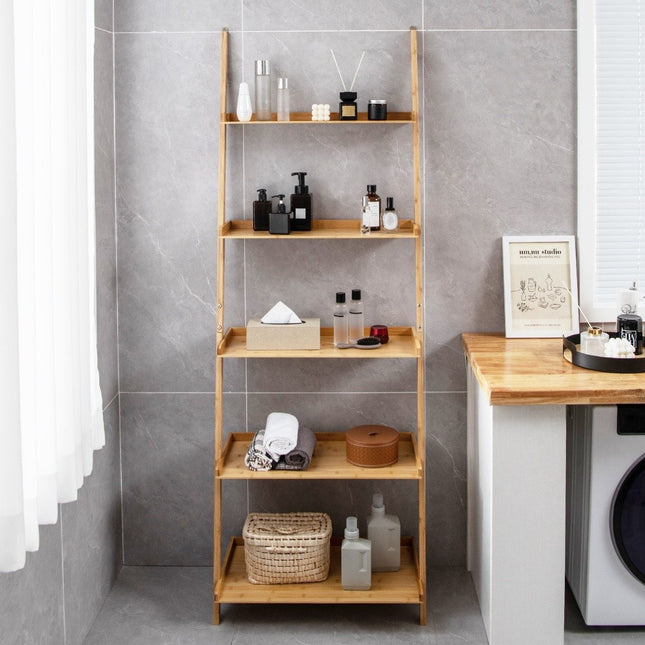 Bamboo 5-Tier Ladder Shelf with Anti-Tip, 65x36x183 cm