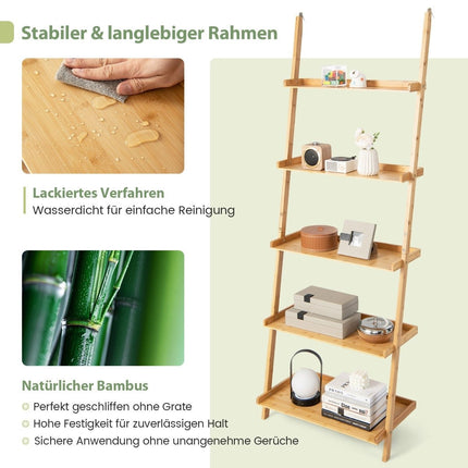 Bamboo 5-Tier Ladder Shelf with Anti-Tip, 65x36x183 cm