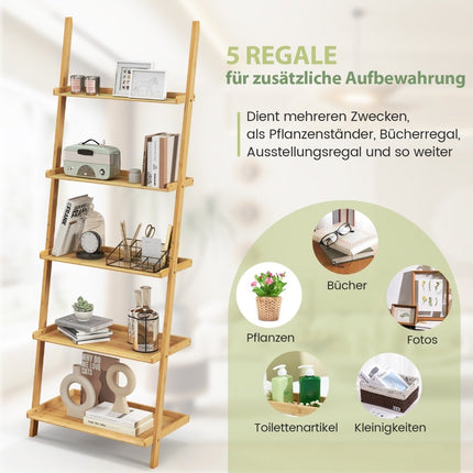 Bamboo 5-Tier Ladder Shelf with Anti-Tip, 65x36x183 cm