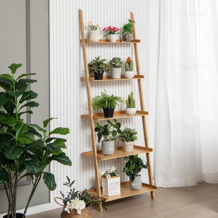 Bamboo 5-Tier Ladder Shelf with Anti-Tip, 65x36x183 cm
