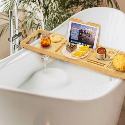 Bamboo Bath Tray with Adjustable Book and Wine Holder