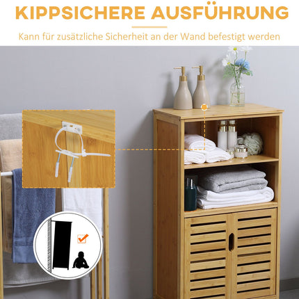 Bamboo bathroom cabinet with slatted doors, anti-tip design