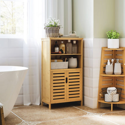 Bamboo bathroom cabinet with slatted doors, anti-tip design