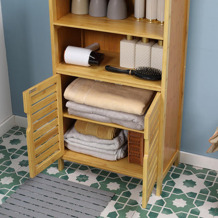Bamboo bathroom cabinet with slatted doors, anti-tip design