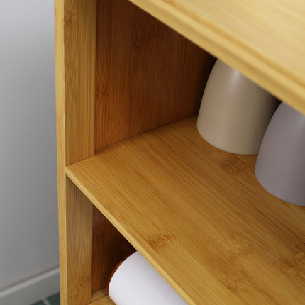 Bamboo bathroom cabinet with slatted doors, anti-tip design