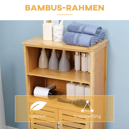 Bamboo bathroom cabinet with slatted doors, anti-tip design