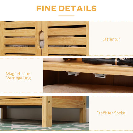 Bamboo bathroom cabinet with slatted doors, anti-tip design