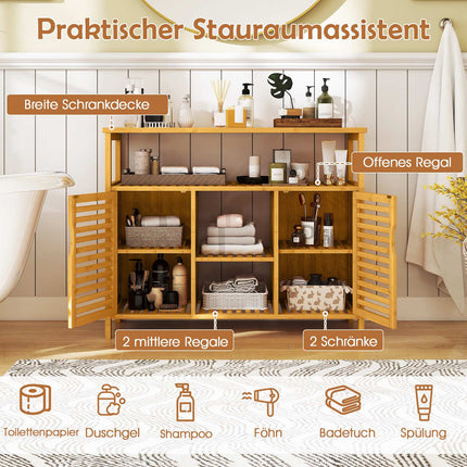 Bamboo Bathroom Cabinet with 2 Doors and Open Shelves