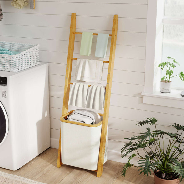 Bamboo Bathroom Shelf with 3 Towel Bars & 48L Laundry Basket