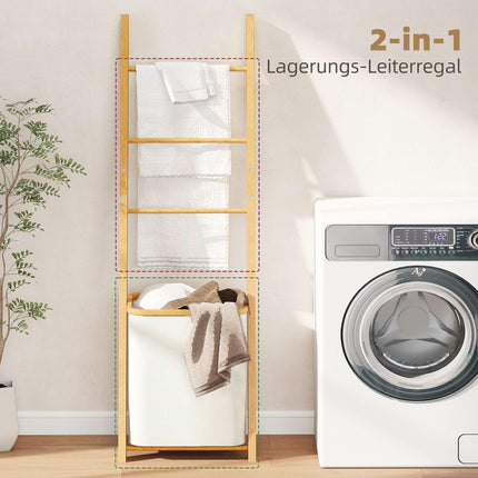 Bamboo Bathroom Shelf with 3 Towel Bars & 48L Laundry Basket