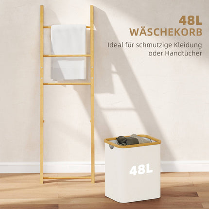 Bamboo Bathroom Shelf with 3 Towel Bars & 48L Laundry Basket