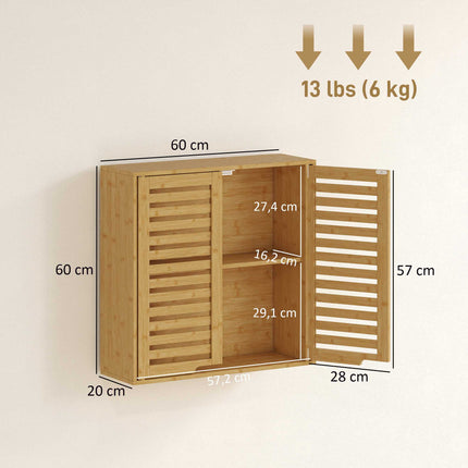 Bamboo Bathroom Wall Cabinet with Adjustable Shelves, 60x20x60 cm