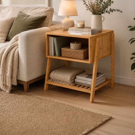 Bamboo Bedside Table with 3 Shelves, Natural Finish