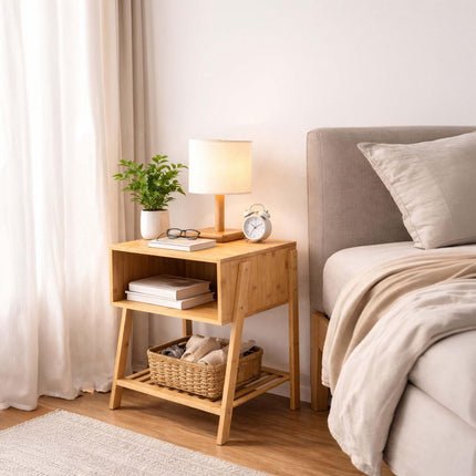 Bamboo Bedside Table with 3 Shelves, Natural Finish