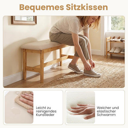 Bamboo Bench with Faux Leather Cushion, 100cm, Beige