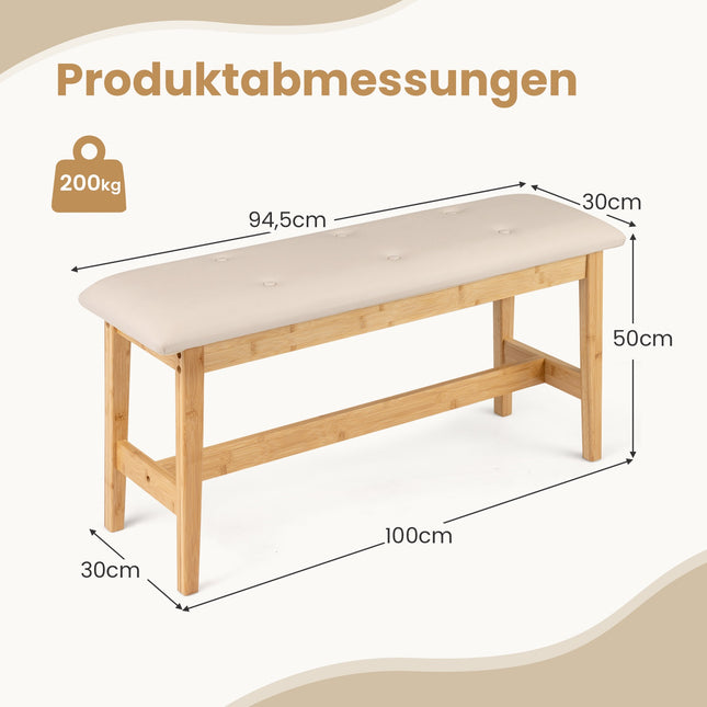 Bamboo Bench with Faux Leather Cushion, 100cm, Beige